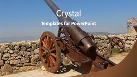  Presentation with shooting - Colorful presentation theme enhanced with iron period - cannon shooting tower in morella backdrop and a teal colored foreground