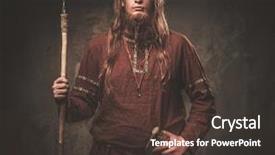  Presentation with warrior - Beautiful PPT theme featuring history clothing - serious viking with a spear backdrop and a tawny brown colored foreground