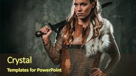  Presentation with warrior woman - Colorful PPT layouts enhanced with history clothing - viking woman with cold weapon backdrop and a tawny brown colored foreground