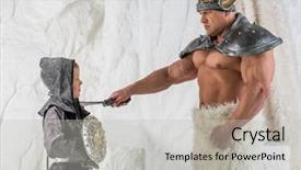  Presentation with title - Presentation theme consisting of history cold war - muscular father in costume viking background and a  colored foreground