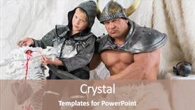  Presentation with sword - Presentation design with history cold war - muscular man in costume viking background and a coral colored foreground