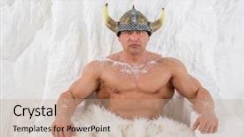  Presentation with cold war - Presentation design featuring history cold war - muscular man in viking helmet background and a coral colored foreground