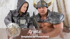  Presentation with sword - PPT theme with history cold war - muscular man with young son background and a  colored foreground