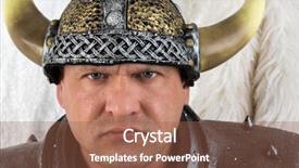  Presentation with old wite man and his music - Amazing presentation design having history cold war - strict man in costume viking backdrop and a tawny brown colored foreground