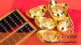  Presentation with mean - Colorful PPT theme enhanced with history economic - chinese gold ingot and abacus backdrop and a red colored foreground