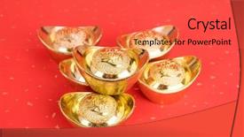  Presentation with chinese calligraphy - Presentation theme with history economic - chinese gold ingot mean symbols background and a red colored foreground