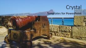  Presentation with defense - Beautiful PPT theme featuring history florida - defense spanish cannon pointing backdrop and a light blue colored foreground