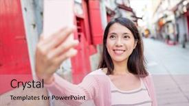  Presentation with let your dreams take flight - PPT theme featuring history macau - asian woman use of cellphone background and a coral colored foreground