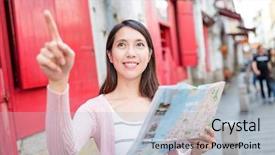  Presentation with city map - Colorful slide set enhanced with history macau - woman finding destination on city backdrop and a light blue colored foreground