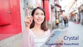  Presentation with history - Audience pleasing PPT theme consisting of history macau - woman looking at city guide backdrop and a  colored foreground