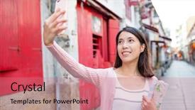  Presentation with mobile phone in woman hand - Cool new PPT layouts with history macau - woman taking selfie by mobile backdrop and a coral colored foreground