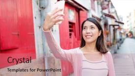  Presentation with smart phone apps - Slides enhanced with history macau - woman taking selfie by smart background and a coral colored foreground