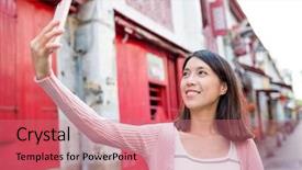  Presentation with take off - Slides with history macau - woman using cellphone to take background and a coral colored foreground