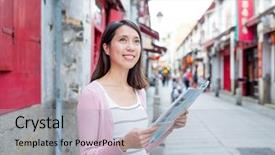  Presentation with city map - PPT layouts with history macau - woman using city map background and a light gray colored foreground