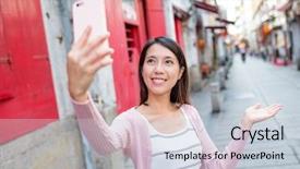  Presentation with take - Theme with history macau - woman using mobile phone background and a lemonade colored foreground