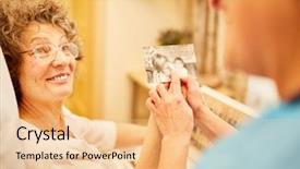  Presentation with old photo - Theme with history nursing - caregiver shows senior woman background and a lemonade colored foreground