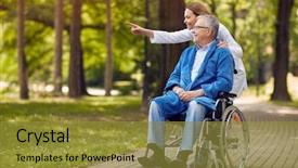  Presentation with elderly - PPT theme featuring history nursing - nurse showing something to elderly background and a gold colored foreground