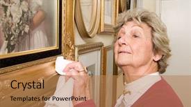  Presentation with metal frames frame and steel - Presentation theme featuring history nursing - woman polishing picture frames background and a coral colored foreground