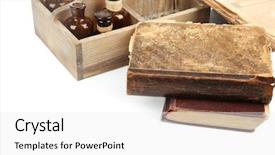  Presentation with bottles - Audience pleasing theme consisting of history pharmacy - vintage bottles in wooden box backdrop and a white colored foreground