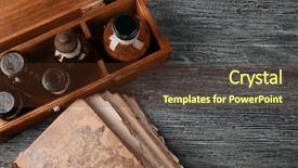  Presentation with vintage book - Beautiful PPT theme featuring history pharmacy - vintage glass bottles in box backdrop and a tawny brown colored foreground