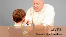  Presentation with quiz - Presentation theme with history school quiz - father showing son a globe background and a coral colored foreground