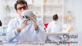  Presentation with professor - Amazing PPT theme having history science - professor studying human skeleton backdrop and a light blue colored foreground