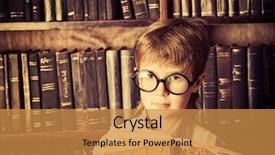  Presentation with many books - PPT layouts featuring history sepia - smart boy stands background and a gold colored foreground