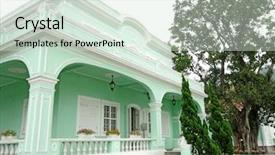  Presentation with museu - Presentation design having histroical - casas - museu da taipa background and a soft green colored foreground