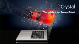  Presentation with laptop - Amazing PPT theme having hit - arm hitting strongly laptop screen backdrop and a  colored foreground