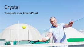  Presentation with sky blue - Theme having hit - confident mature man hitting tennis background and a light blue colored foreground