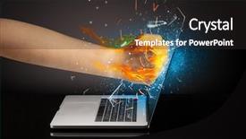  Presentation with laptop - Slide deck enhanced with hit - firing hand hitting strongly laptop background and a dark gray colored foreground