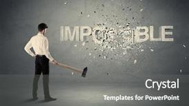  Presentation with business man climbs up to the top of 3d success stairs steps - Beautiful presentation theme featuring hit big goal - business man hitting impossible sign backdrop and a gray colored foreground