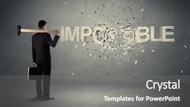  Presentation with wall - Theme having hit big goal - business man hitting impossible sign background and a  colored foreground