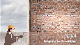  Presentation with young business woman smile show - PPT layouts enhanced with hit brick wall - young woman in business suit background and a  colored foreground