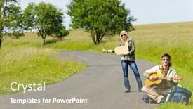  Presentation with asphalt - PPT theme featuring hitch-hike young couple backpack tramping on asphalt road play guitar background and a mint green colored foreground