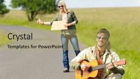  Presentation with asphalt - Theme consisting of hitch-hike young couple backpack tramping on asphalt road play guitar background and a yellow colored foreground