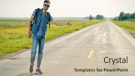  Presentation with adventure - Slide set with hitchhiker standing on a highway background and a  colored foreground