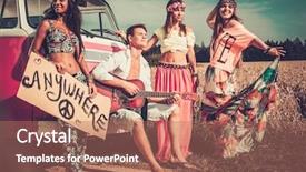  Presentation with hippie - Presentation having hitchhikers with guitar and luggage background and a coral colored foreground