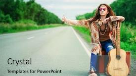  Presentation with hippie - Slide deck having hitchhiking girl beautiful hippie girl background and a light gray colored foreground