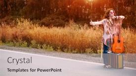  Presentation with bohemian - Amazing slide set having hitchhiking girl beautiful hippie girl standing on a highway and catching a passing car spirit of freedom fashion shot bohemian bo-ho style backdrop and a light gray colored foreground