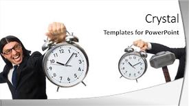  Presentation with alarm - Audience pleasing slide deck consisting of hits miss - handsome businessman holding hammer backdrop and a  colored foreground