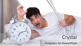  Presentation with insomnia - PPT theme featuring hits miss - man in bed suffering background and a light gray colored foreground