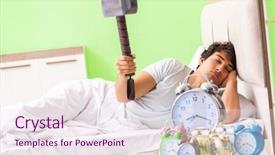  Presentation with young man on the phone - PPT theme featuring hits miss - young man having trouble waking background and a sky blue colored foreground