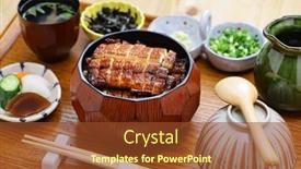  Presentation with sticky rice mango thai dessert - Presentation featuring hitsumabushi-is-a-japanese-nagoya background and a tawny brown colored foreground