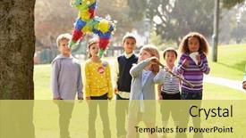  Presentation with children birthday - Slide set enhanced with hitting pinata at birthday party background and a yellow colored foreground