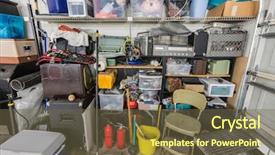  Presentation with messy - PPT theme with hoarding - messy cluttered garage shelves background and a tawny brown colored foreground