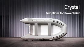  Presentation with hangar - Audience pleasing PPT theme consisting of hoarding - white inflatable boat in hangar backdrop and a dark gray colored foreground