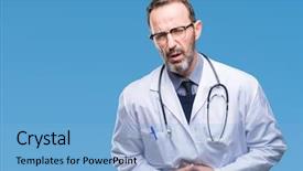  Presentation with stomach disease - PPT theme having hoary doctor man wearing medical background and a light blue colored foreground