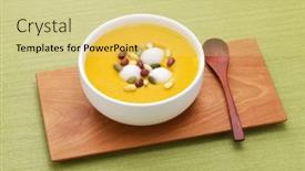  Presentation with korean food - PPT theme featuring hobakjuk-pumpkin-porridge-korean-food background and a yellow colored foreground