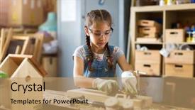  Presentation with building - Audience pleasing PPT theme consisting of hobbies - girl building birdhouse in garage backdrop and a coral colored foreground